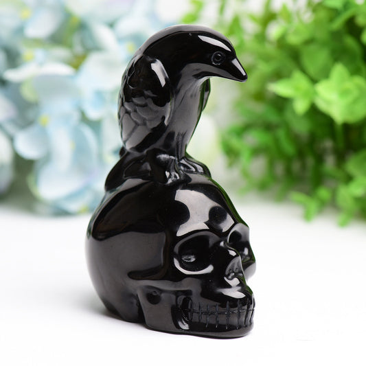 4.5" Black Obsidian Skull with Raven Decor for Halloween Bulk Best Crystal Wholesalers