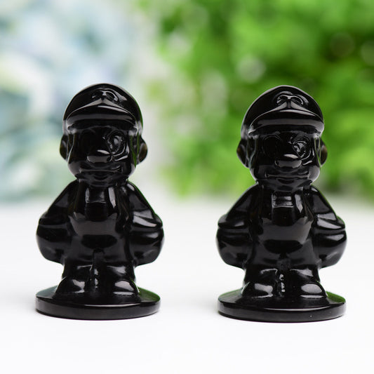 2.6" Black Obsidian Mario Crystal Carving Cartoon Bulk Best Crystal Wholesalers