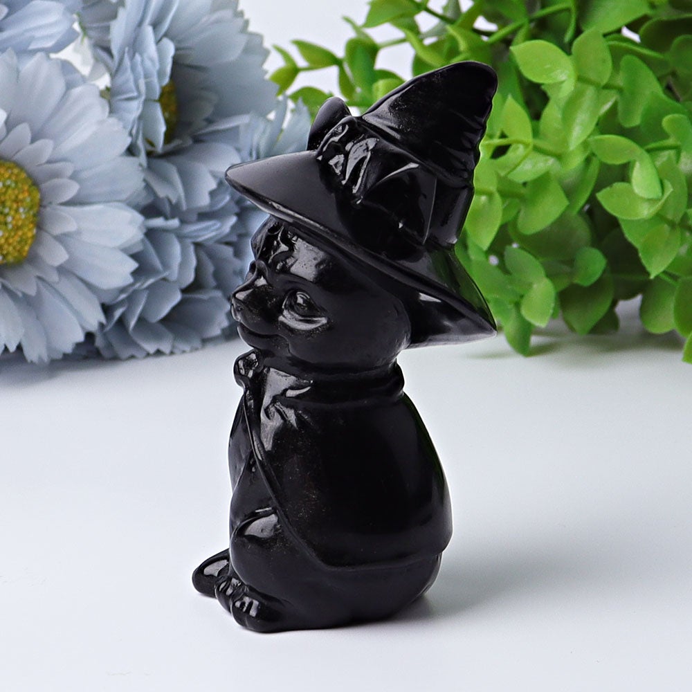 3.5" Black Obsidian Cat with Witch's Hat Crystal Carvings Best Crystal Wholesalers