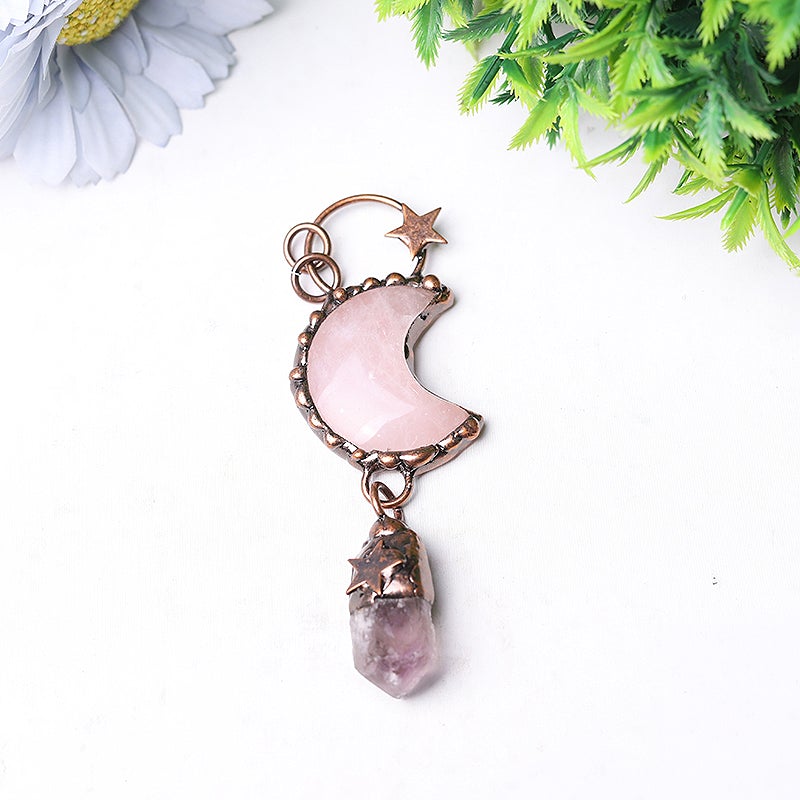 3.7" Rose Moon Amethyst Pendant Key Chain DIY Best Crystal Wholesalers