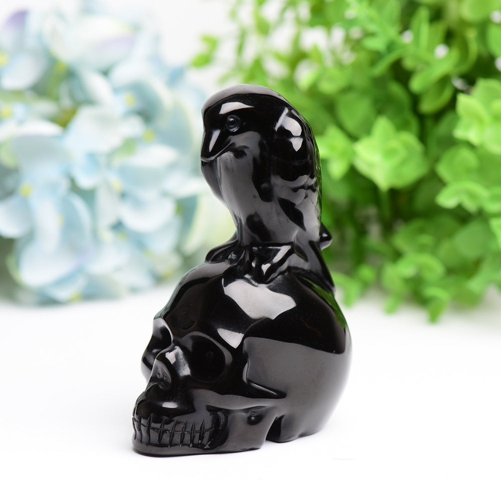 4.5" Black Obsidian Skull with Raven Decor for Halloween Bulk Best Crystal Wholesalers