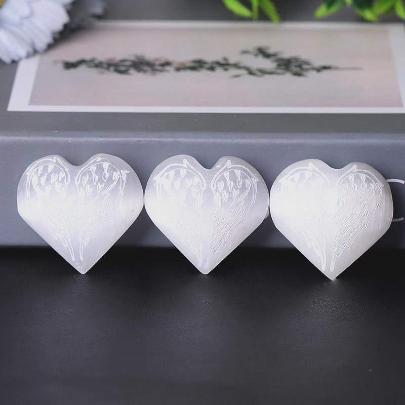 1.5" Selenite Heart Palm Stone with Laser Engraving Pattern Bulk Best Crystal Wholesalers