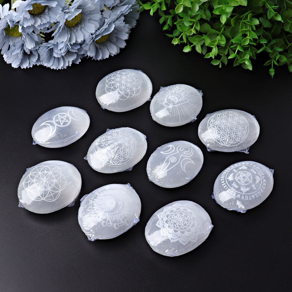 2.4" Selenite Palm Stone with Printing Best Crystal Wholesalers