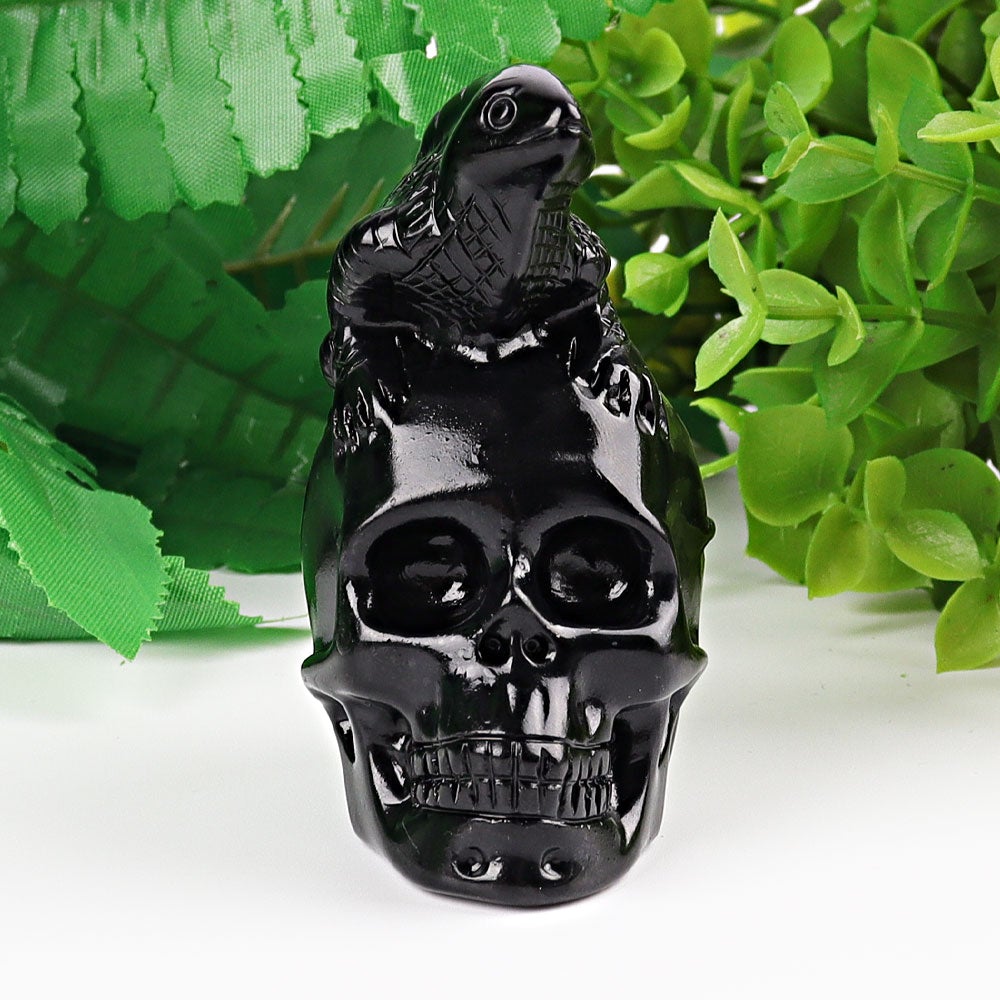 2.8" Black Obsidian Skull with Lizard Decoration Carvings Best Crystal Wholesalers