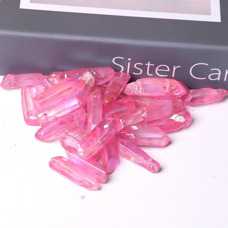 Drilled Pink Aura Quartz Crystal Points Raw Rough Clear Rock Quartz Sticks