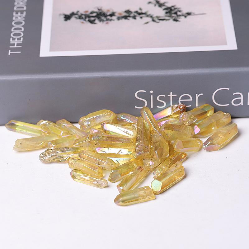 Drilled Yellow Aura Quartz Crystal Points Raw Rough Clear Rock Quartz Sticks