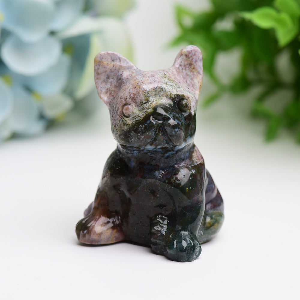 2.4" Moss Agate Bulldog Animal Crystal Carving Bulk Best Crystal Wholesalers