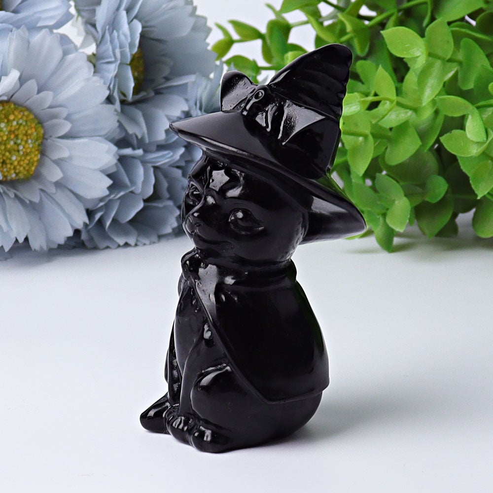 3.5" Black Obsidian Cat with Witch's Hat Crystal Carvings Best Crystal Wholesalers